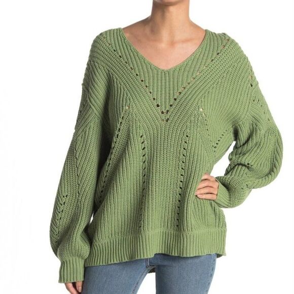 LUSH Open Stitch V-Neck Oversized Sweater In Pistachio Size Small - Picture 1 of 11